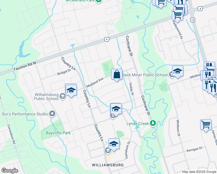 map of restaurants, bars, coffee shops, grocery stores, and more near 51 Merchants Avenue in Whitby