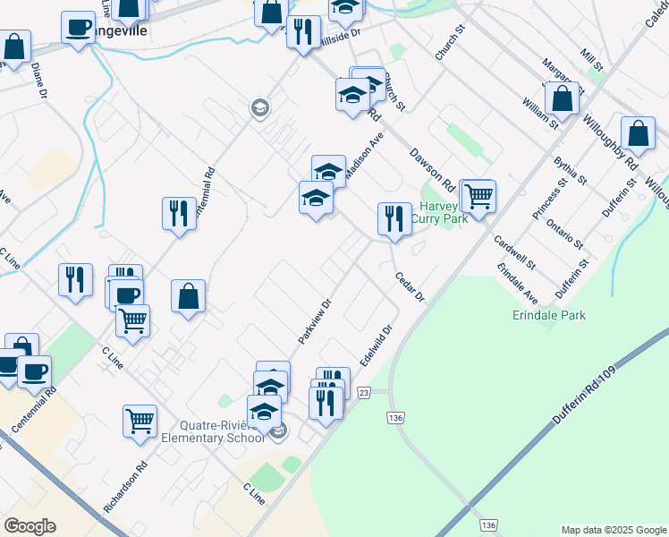 map of restaurants, bars, coffee shops, grocery stores, and more near 31 Parkview Drive in Orangeville
