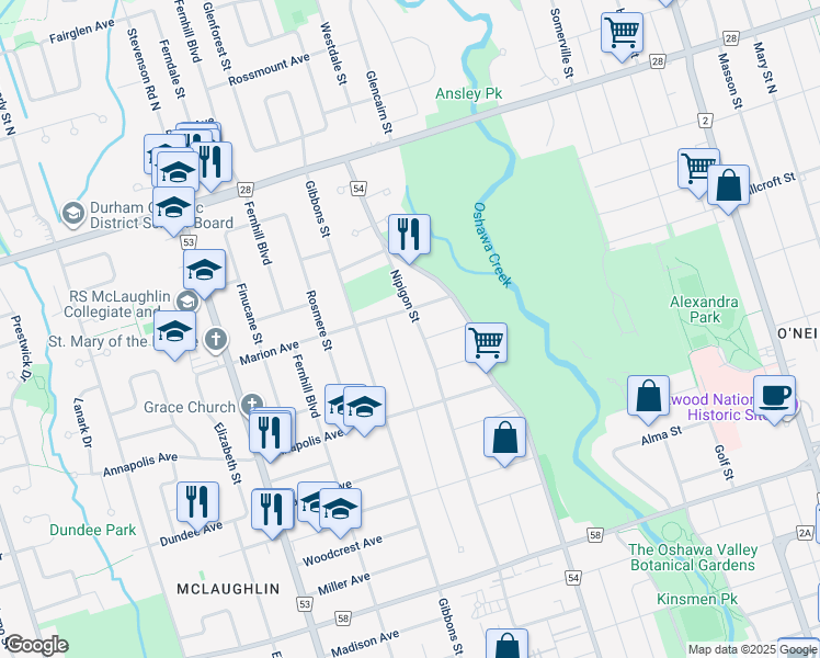map of restaurants, bars, coffee shops, grocery stores, and more near in Oshawa