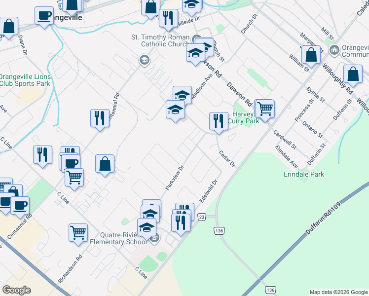 map of restaurants, bars, coffee shops, grocery stores, and more near 31 Parkview Drive in Orangeville