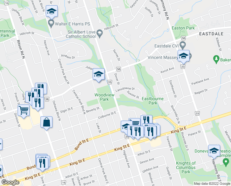 map of restaurants, bars, coffee shops, grocery stores, and more near 551 Lansdowne Drive in Oshawa