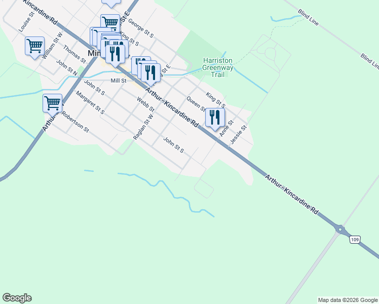 map of restaurants, bars, coffee shops, grocery stores, and more near 238 Elora Street South in Harriston