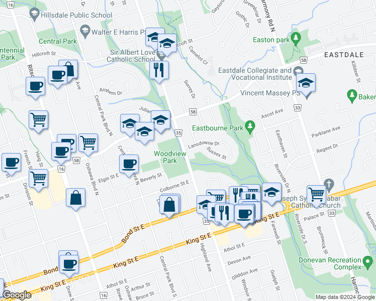 map of restaurants, bars, coffee shops, grocery stores, and more near 551 Lansdowne Drive in Oshawa