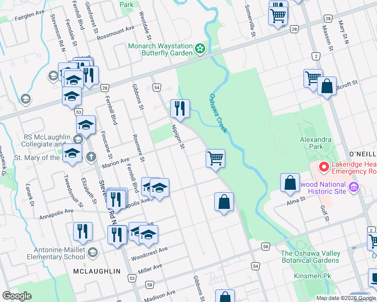 map of restaurants, bars, coffee shops, grocery stores, and more near 479 Nipigon Street in Oshawa