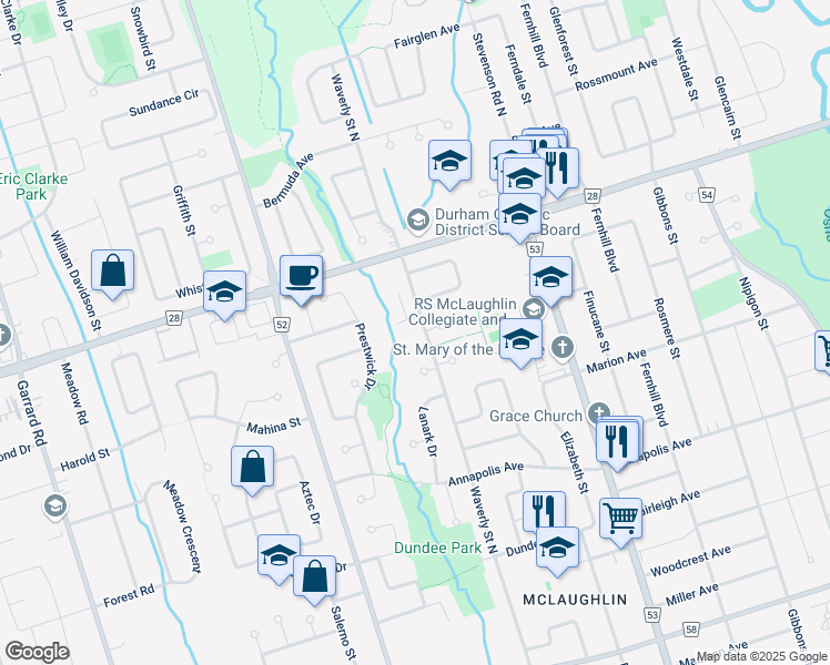 map of restaurants, bars, coffee shops, grocery stores, and more near 560 Waverly Street North in Oshawa