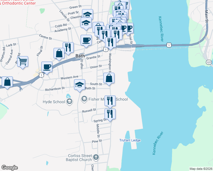 map of restaurants, bars, coffee shops, grocery stores, and more near 648 Washington Street in Bath