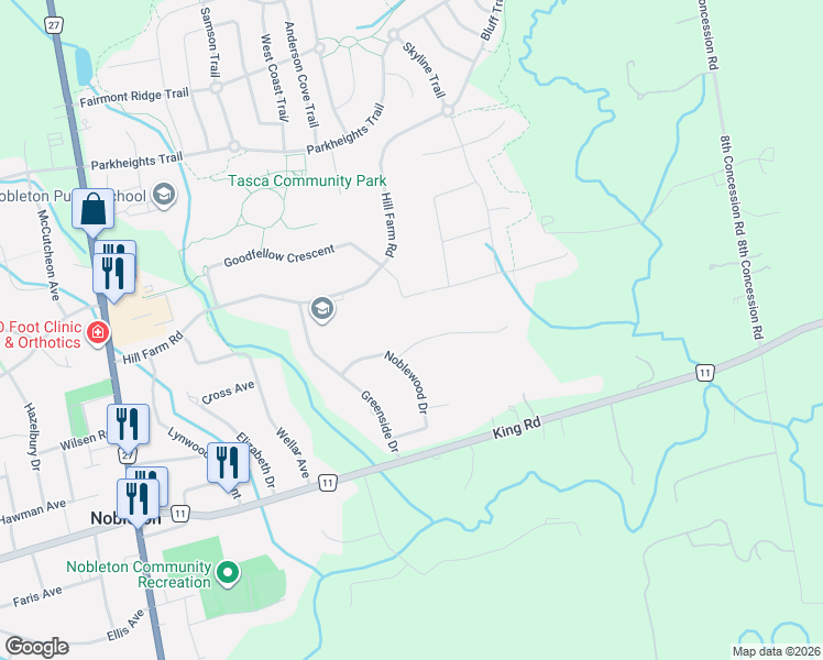 map of restaurants, bars, coffee shops, grocery stores, and more near 12 Hollywood Crescent in Nobleton