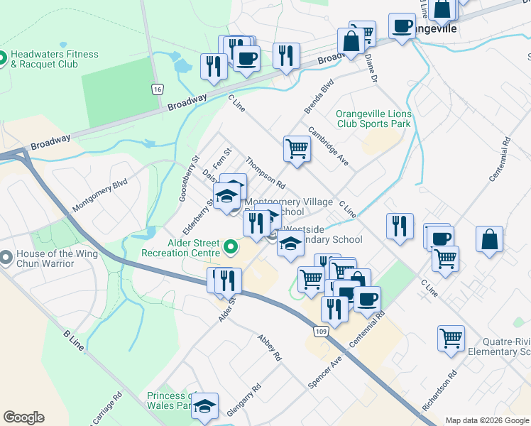 map of restaurants, bars, coffee shops, grocery stores, and more near 307 Balsam Street in Orangeville