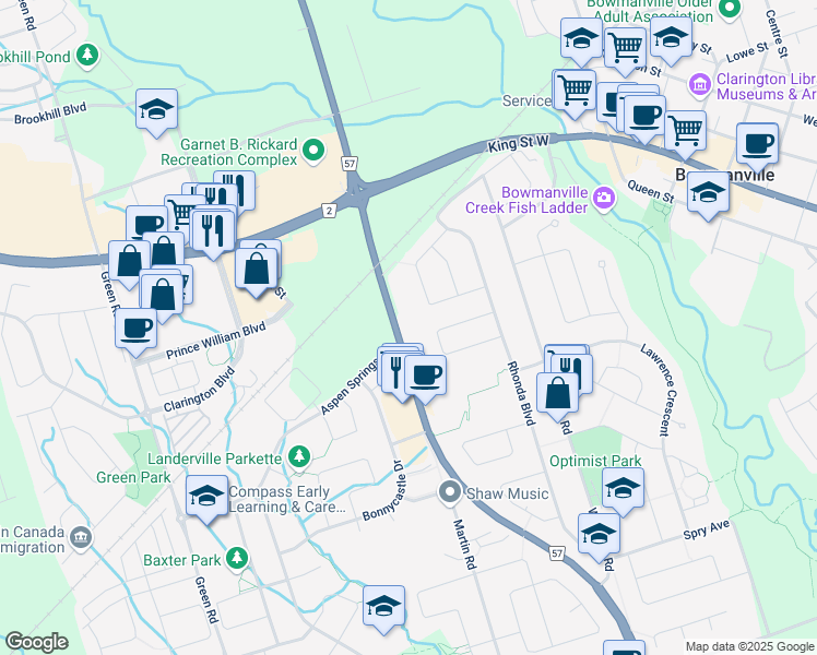 map of restaurants, bars, coffee shops, grocery stores, and more near 18 Martin Road in Bowmanville