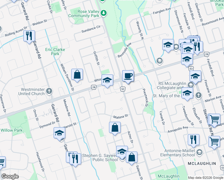 map of restaurants, bars, coffee shops, grocery stores, and more near 978 Kicking Horse Path in Oshawa