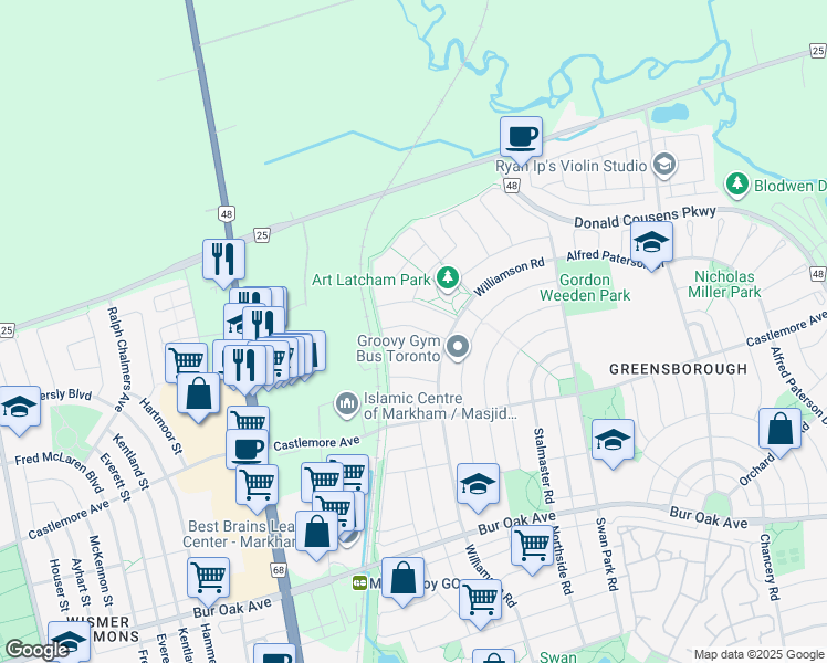 map of restaurants, bars, coffee shops, grocery stores, and more near 15 Sedore Street in Markham