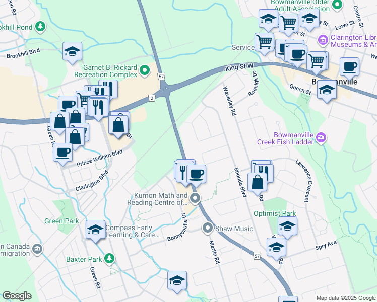 map of restaurants, bars, coffee shops, grocery stores, and more near 1715 Bowmanville Avenue in Bowmanville