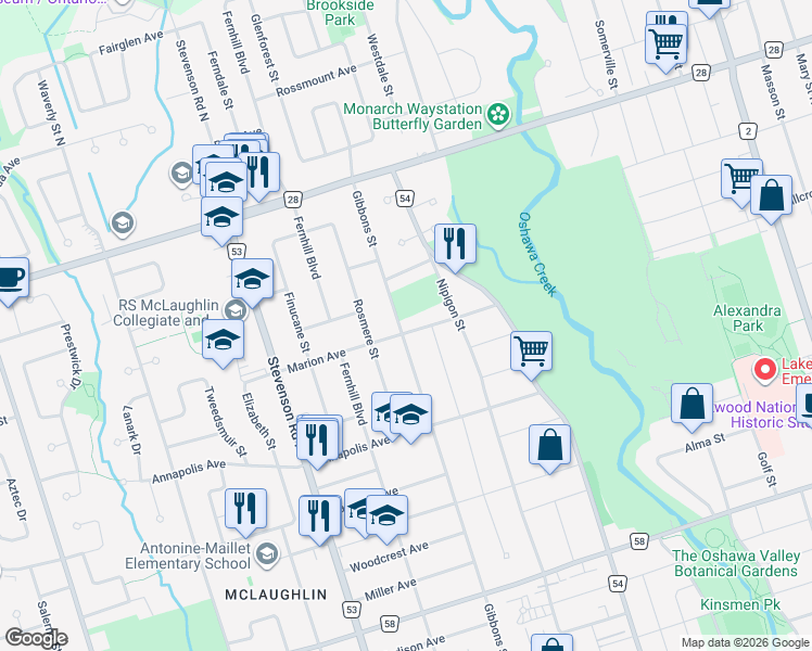 map of restaurants, bars, coffee shops, grocery stores, and more near 396 Marion Avenue in Oshawa