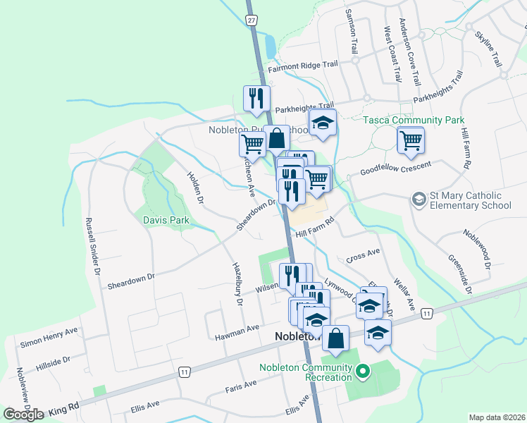 map of restaurants, bars, coffee shops, grocery stores, and more near 13255 Ontario 27 in Nobleton