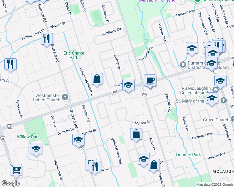 map of restaurants, bars, coffee shops, grocery stores, and more near 899 Rossland Road West in Whitby