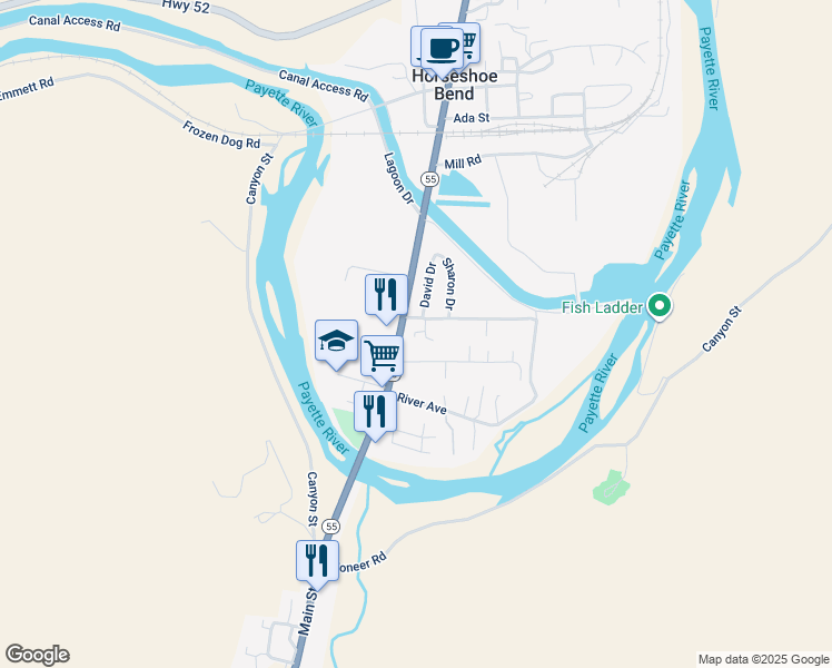 map of restaurants, bars, coffee shops, grocery stores, and more near in Horseshoe Bend