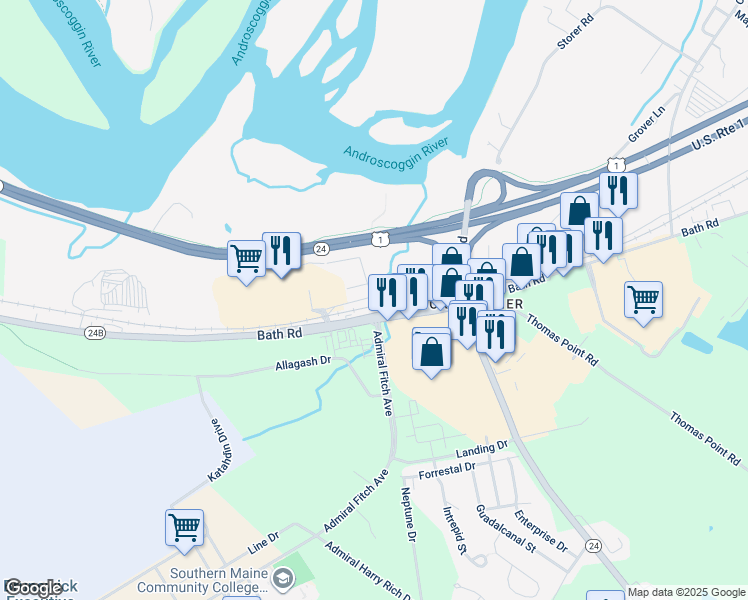 map of restaurants, bars, coffee shops, grocery stores, and more near 9 D Street in Brunswick