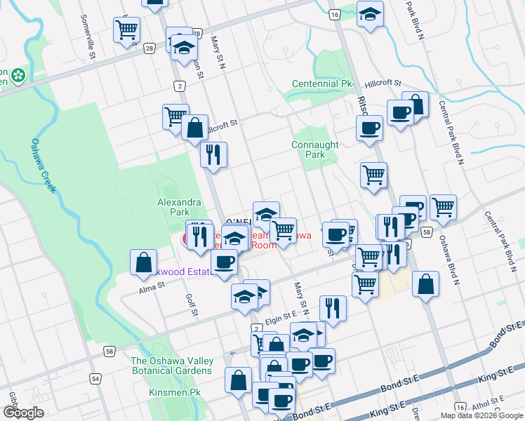 map of restaurants, bars, coffee shops, grocery stores, and more near in Oshawa