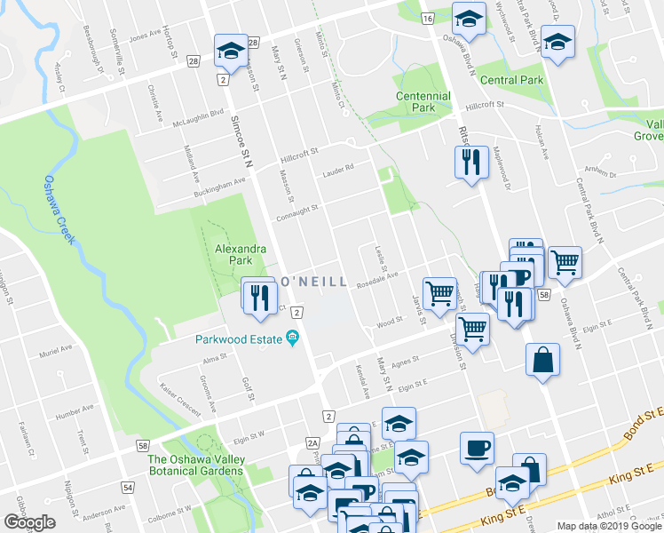 map of restaurants, bars, coffee shops, grocery stores, and more near in Oshawa