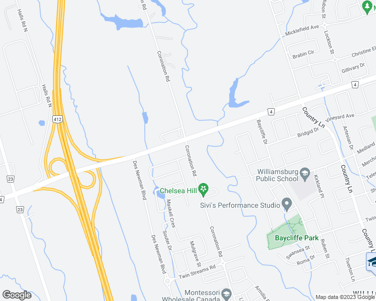 map of restaurants, bars, coffee shops, grocery stores, and more near 3998 Coronation Road in Whitby