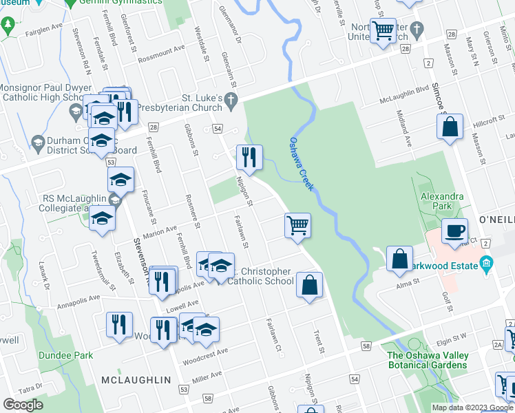 map of restaurants, bars, coffee shops, grocery stores, and more near 493 Nipigon Street in Oshawa