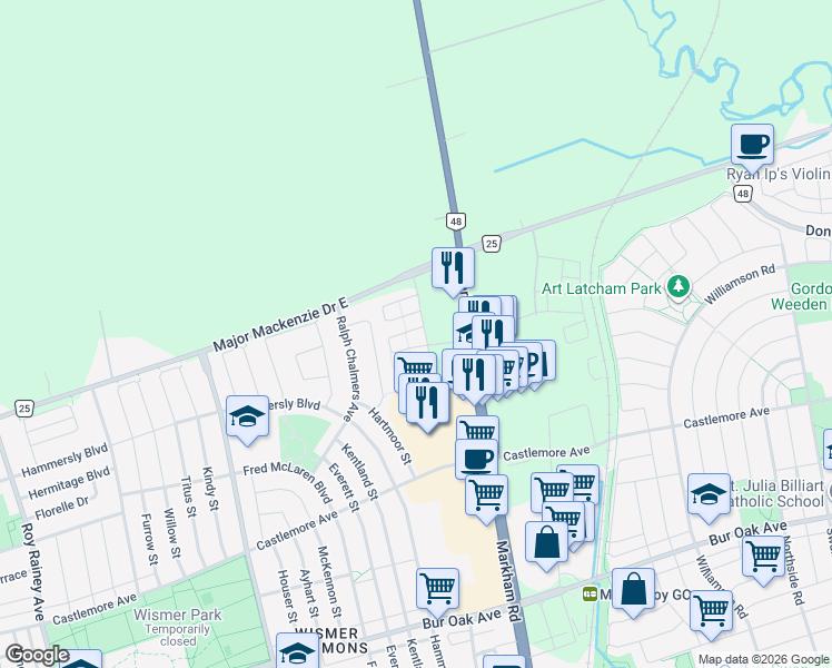 map of restaurants, bars, coffee shops, grocery stores, and more near 7 Massachusetts Lane in Markham