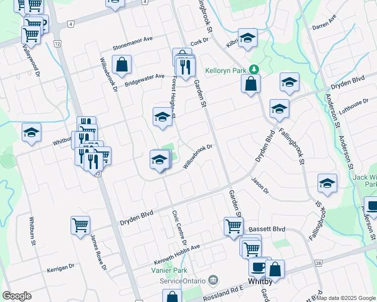 map of restaurants, bars, coffee shops, grocery stores, and more near 6 Forest Heights Street in Whitby