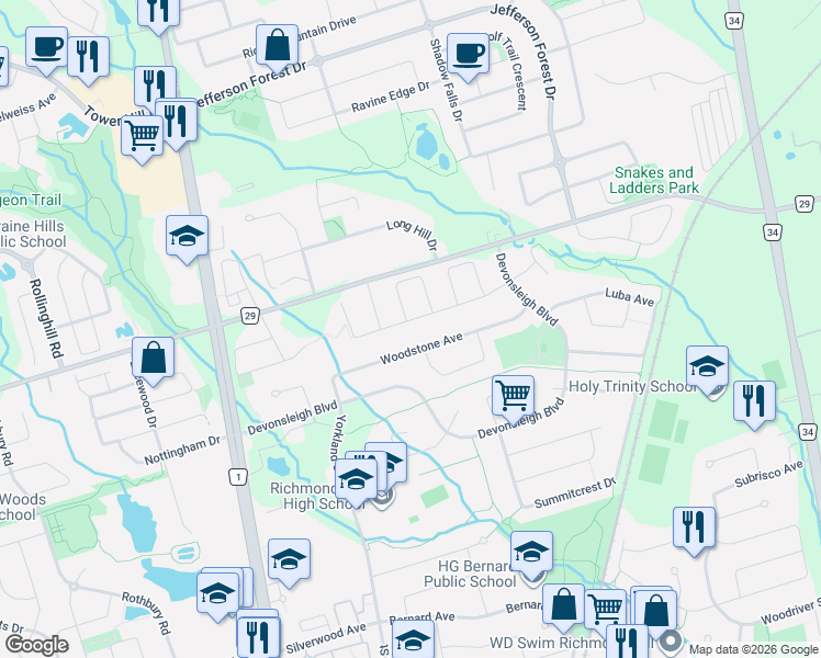 map of restaurants, bars, coffee shops, grocery stores, and more near 59 Falling River Drive in Richmond Hill