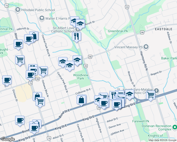 map of restaurants, bars, coffee shops, grocery stores, and more near 225 Wilson Road North in Oshawa