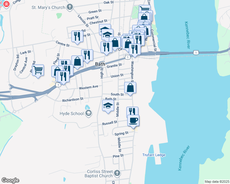 map of restaurants, bars, coffee shops, grocery stores, and more near 71 South Street in Bath