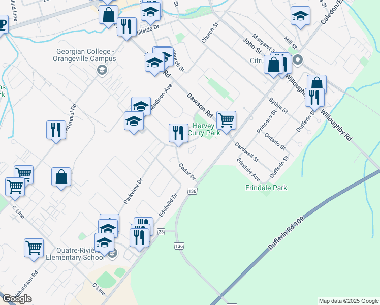 map of restaurants, bars, coffee shops, grocery stores, and more near 54 Lawrence Avenue in Orangeville
