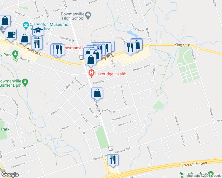 map of restaurants, bars, coffee shops, grocery stores, and more near 21 Jane Street in Bowmanville