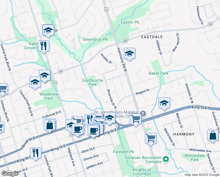 map of restaurants, bars, coffee shops, grocery stores, and more near 153 Riverside Drive North in Oshawa