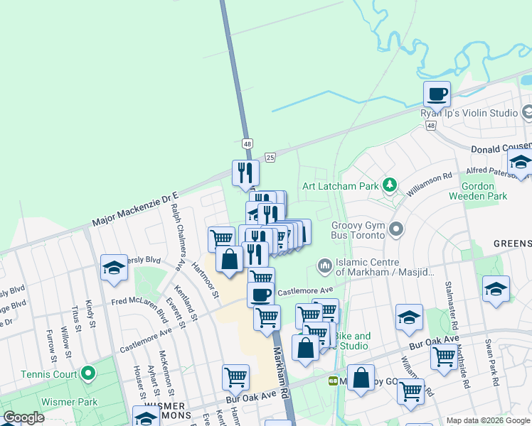 map of restaurants, bars, coffee shops, grocery stores, and more near 9999 Markham Road in Markham