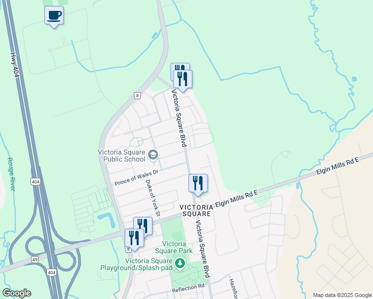 map of restaurants, bars, coffee shops, grocery stores, and more near 10929 Victoria Square Boulevard in Markham