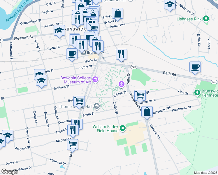 map of restaurants, bars, coffee shops, grocery stores, and more near 255 Maine Street in Brunswick