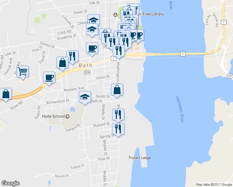 map of restaurants, bars, coffee shops, grocery stores, and more near 648 Washington Street in Bath
