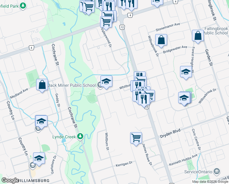map of restaurants, bars, coffee shops, grocery stores, and more near 1 Harness Ridge Drive in Whitby