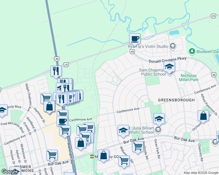 map of restaurants, bars, coffee shops, grocery stores, and more near 10 Sedore Street in Markham