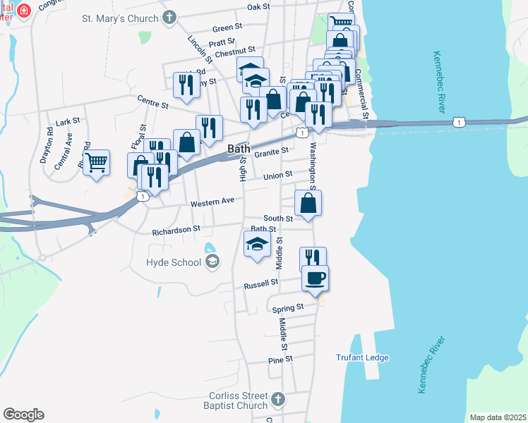 map of restaurants, bars, coffee shops, grocery stores, and more near 83 South Street in Bath