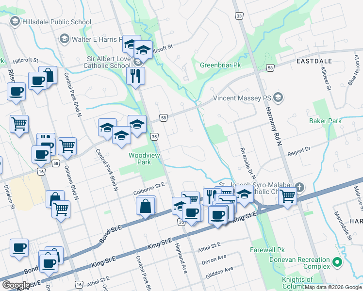 map of restaurants, bars, coffee shops, grocery stores, and more near Lansdowne Drive in Oshawa