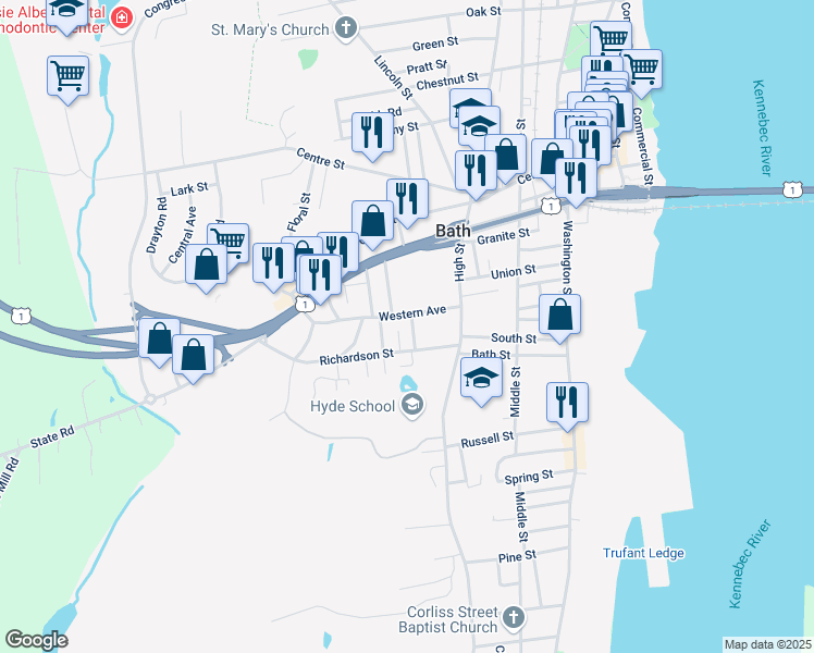 map of restaurants, bars, coffee shops, grocery stores, and more near 38 Western Avenue in Bath
