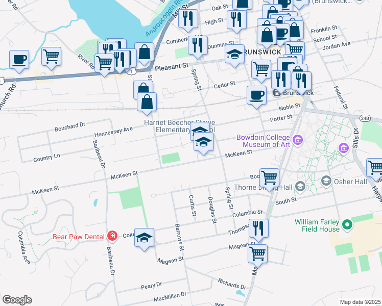 map of restaurants, bars, coffee shops, grocery stores, and more near 38 Spring Street in Brunswick