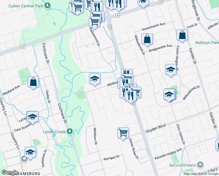 map of restaurants, bars, coffee shops, grocery stores, and more near 5 Vintage Drive in Whitby