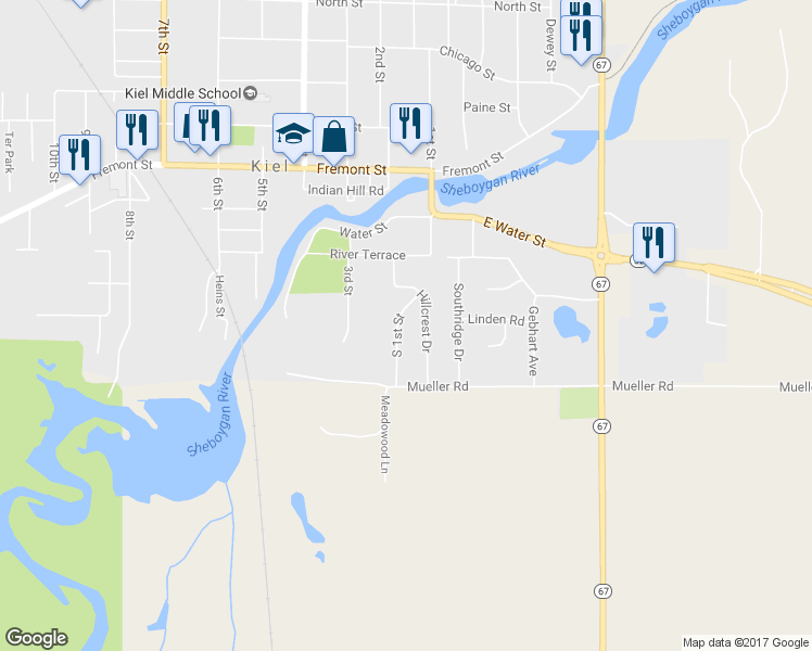 map of restaurants, bars, coffee shops, grocery stores, and more near 210 South 1st Street in Kiel