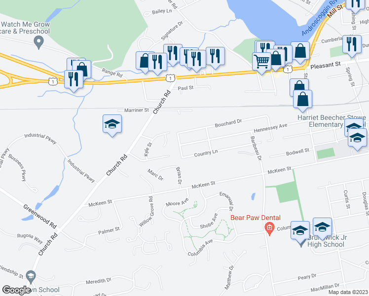 map of restaurants, bars, coffee shops, grocery stores, and more near 89 Hennessey Avenue in Brunswick