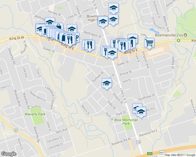 map of restaurants, bars, coffee shops, grocery stores, and more near 84 Ontario Street in Bowmanville