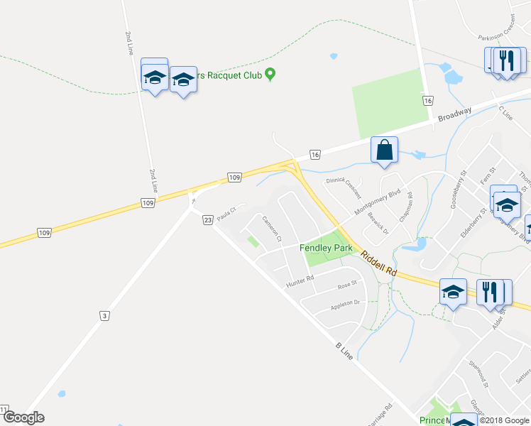 map of restaurants, bars, coffee shops, grocery stores, and more near 27 Cameron Court in Orangeville