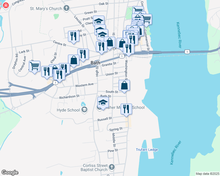 map of restaurants, bars, coffee shops, grocery stores, and more near 71 South Street in Bath