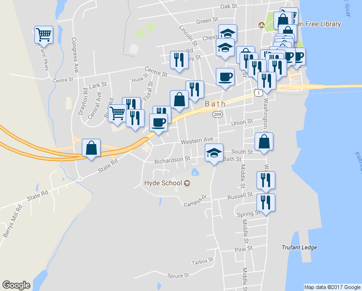 map of restaurants, bars, coffee shops, grocery stores, and more near 5 West Street in Bath